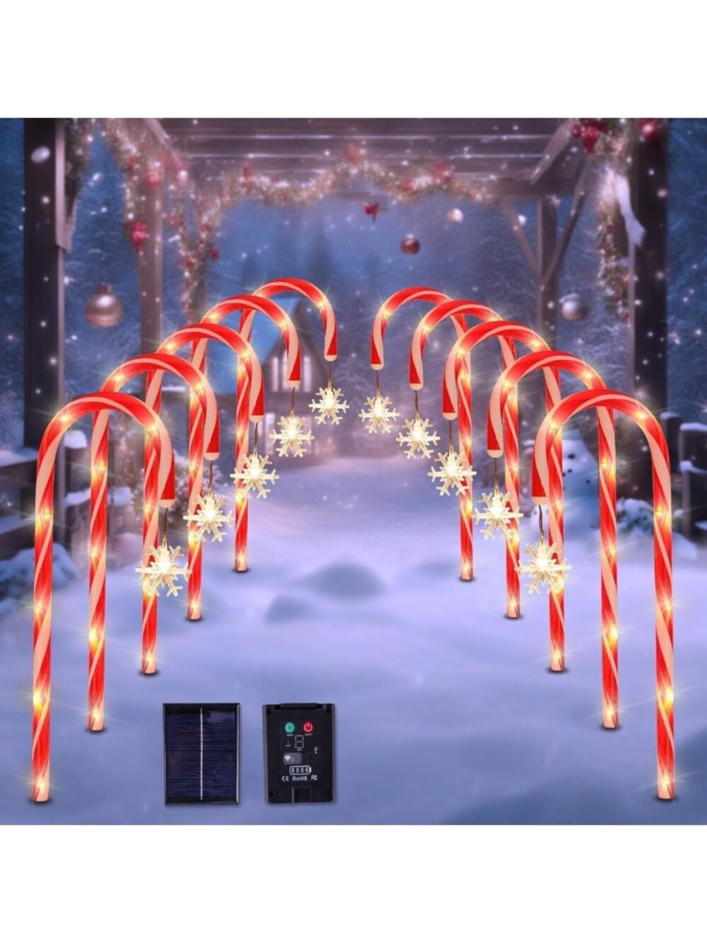 10 Pack Solar Candy Cane Pathway Lights - Warm White Holiday Decor, Outdoor